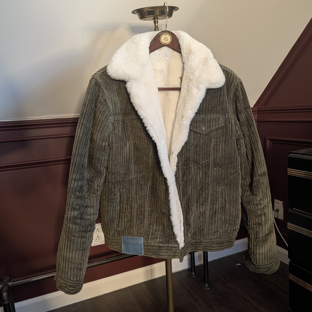 PYER MOSS runway RARE green corduroy fur lined trucker jacket Fall 2018